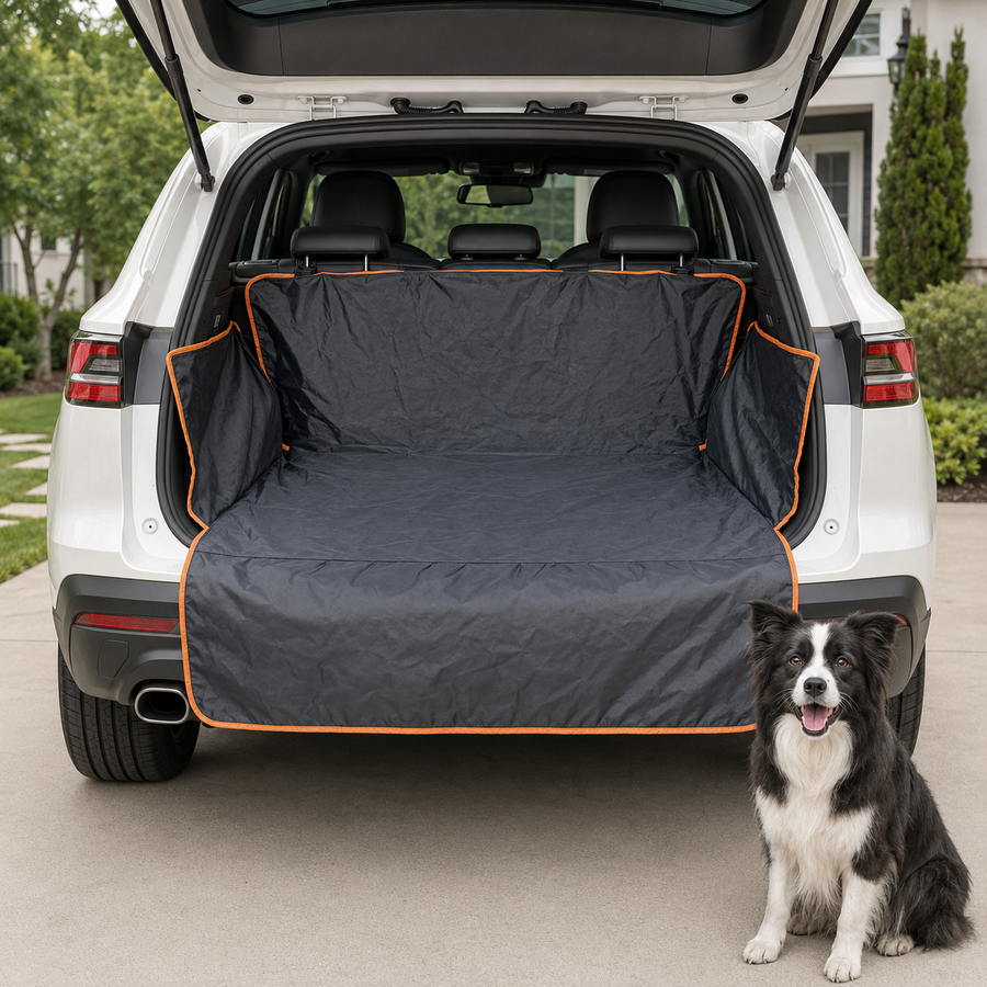 Black waterproof SUV cargo liner with orange piping installed in an open trunk
