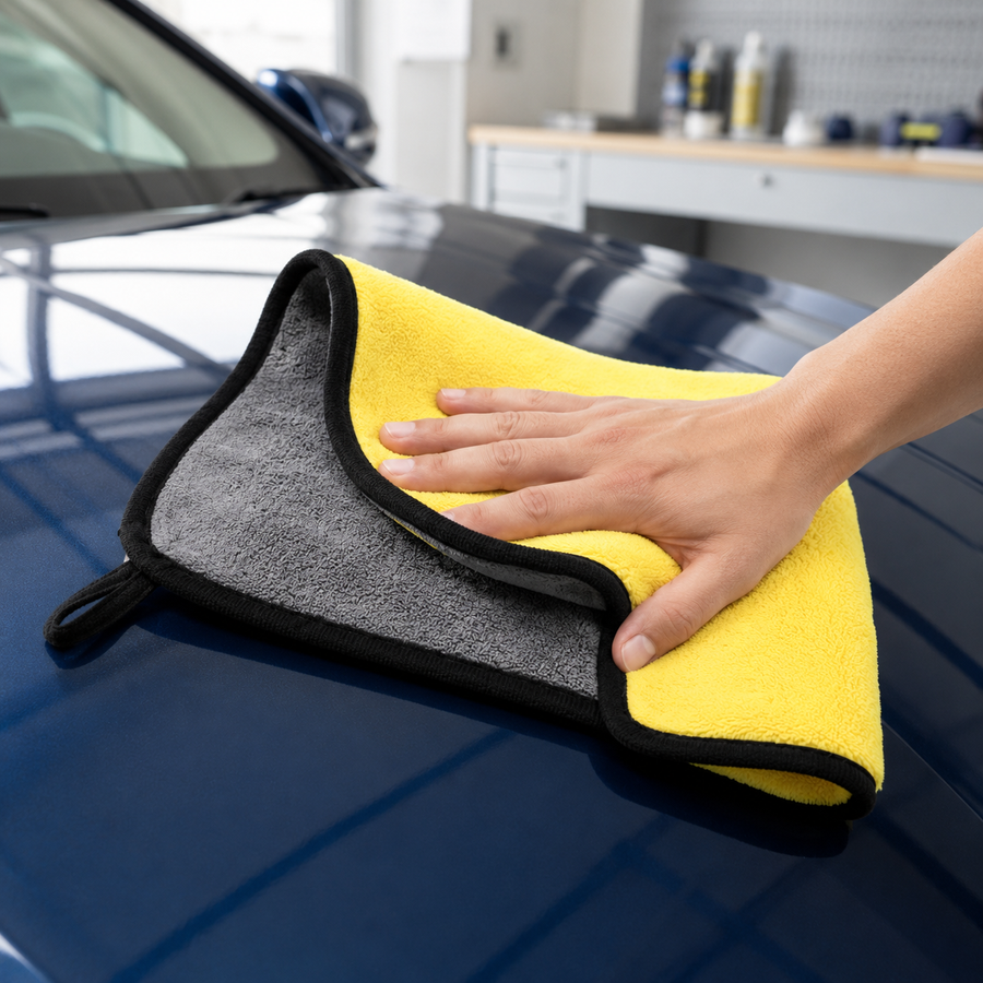 Yellow and charcoal microfiber detailing towel wiping a dark blue car hood