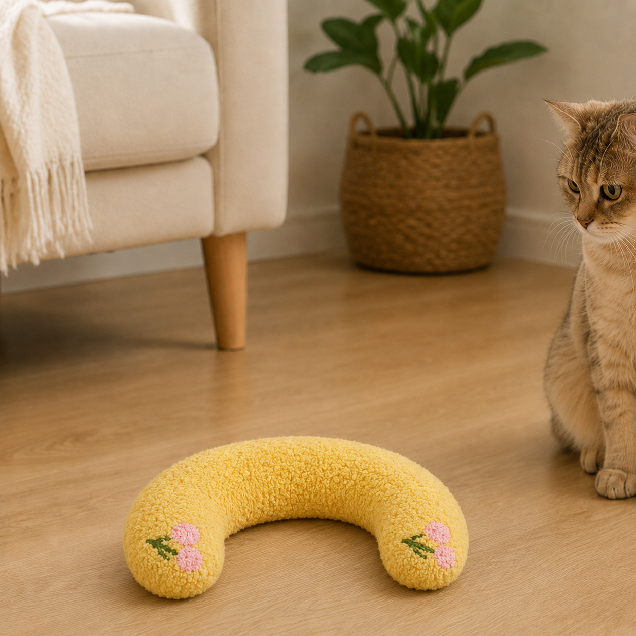 Yellow U-shaped plush pet pillow beside a curious cat in a warm living room
